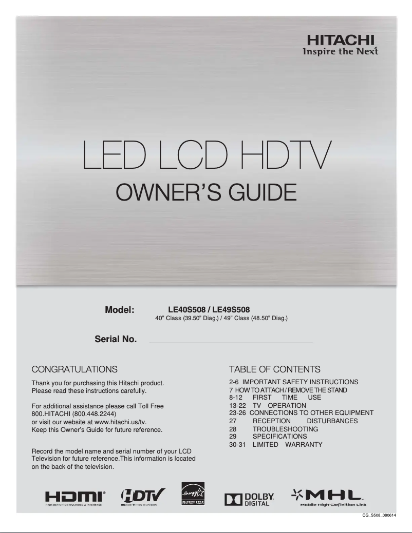 Page 1 of the manual User Manual Hitachi LE49S508