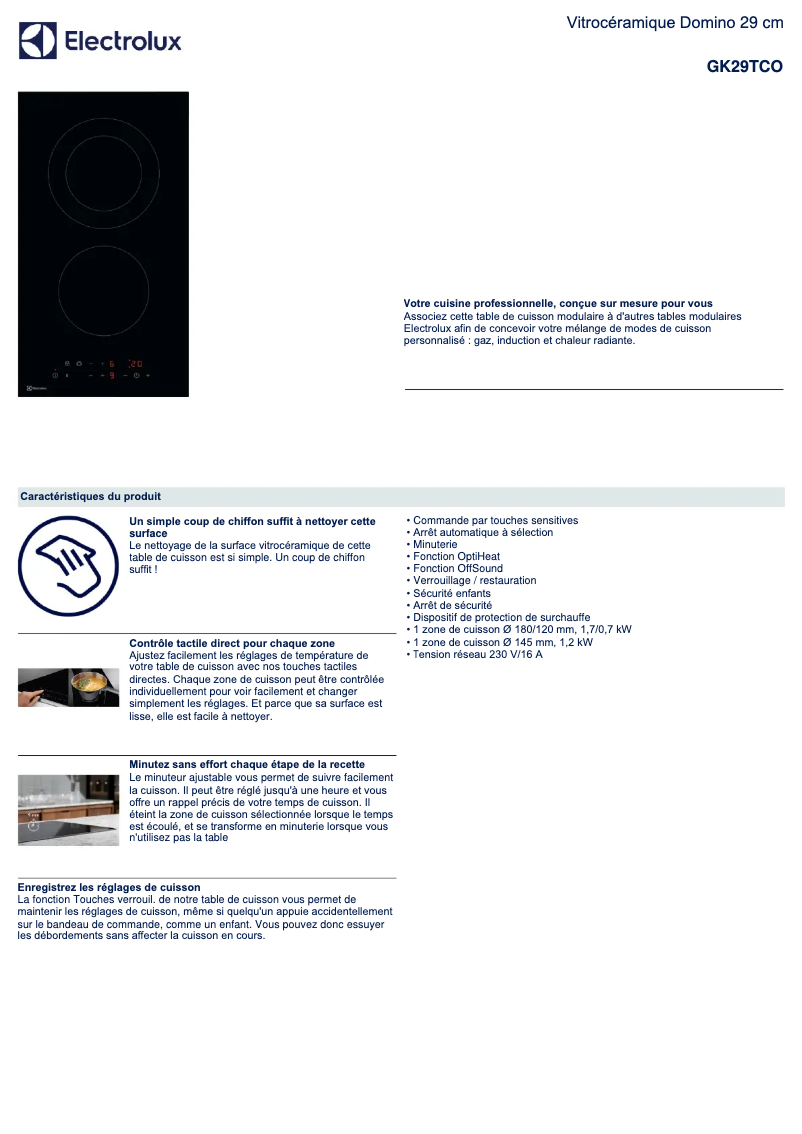 Page 1 of the manual Technical Sheet Electrolux GK29TCO
