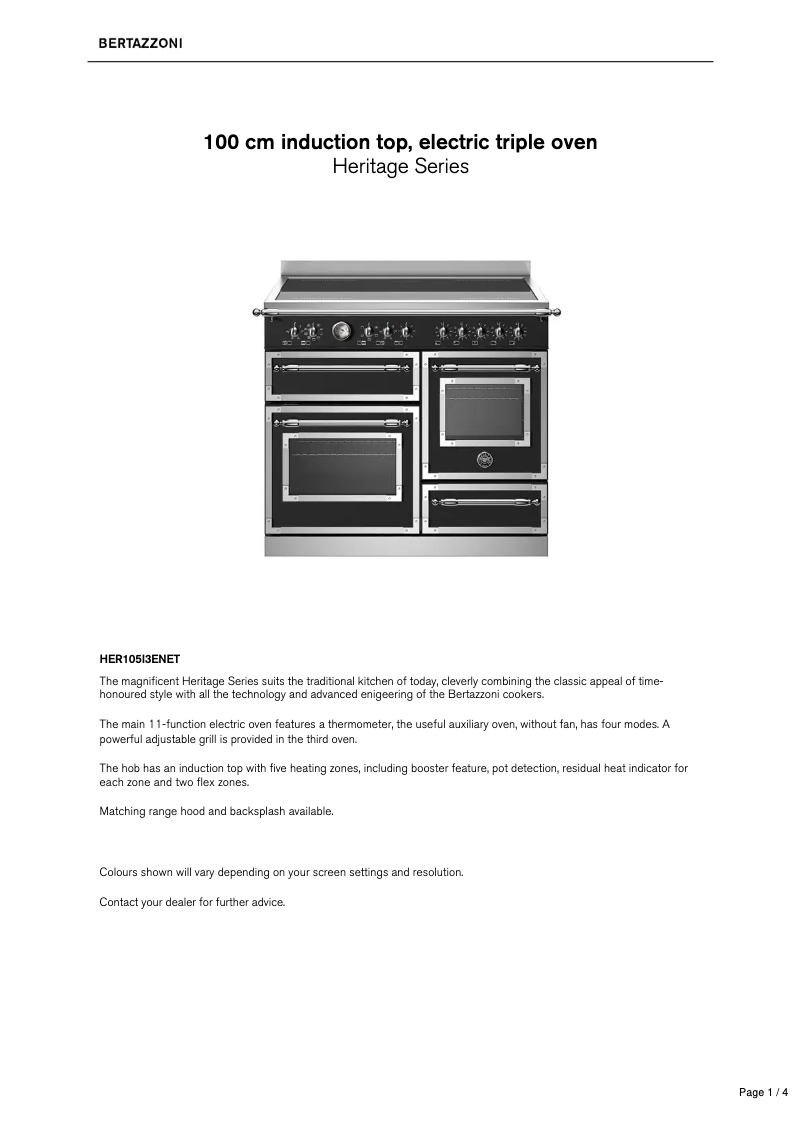 Page 1 of the manual Technical Sheet Bertazzoni HER105I3ENET