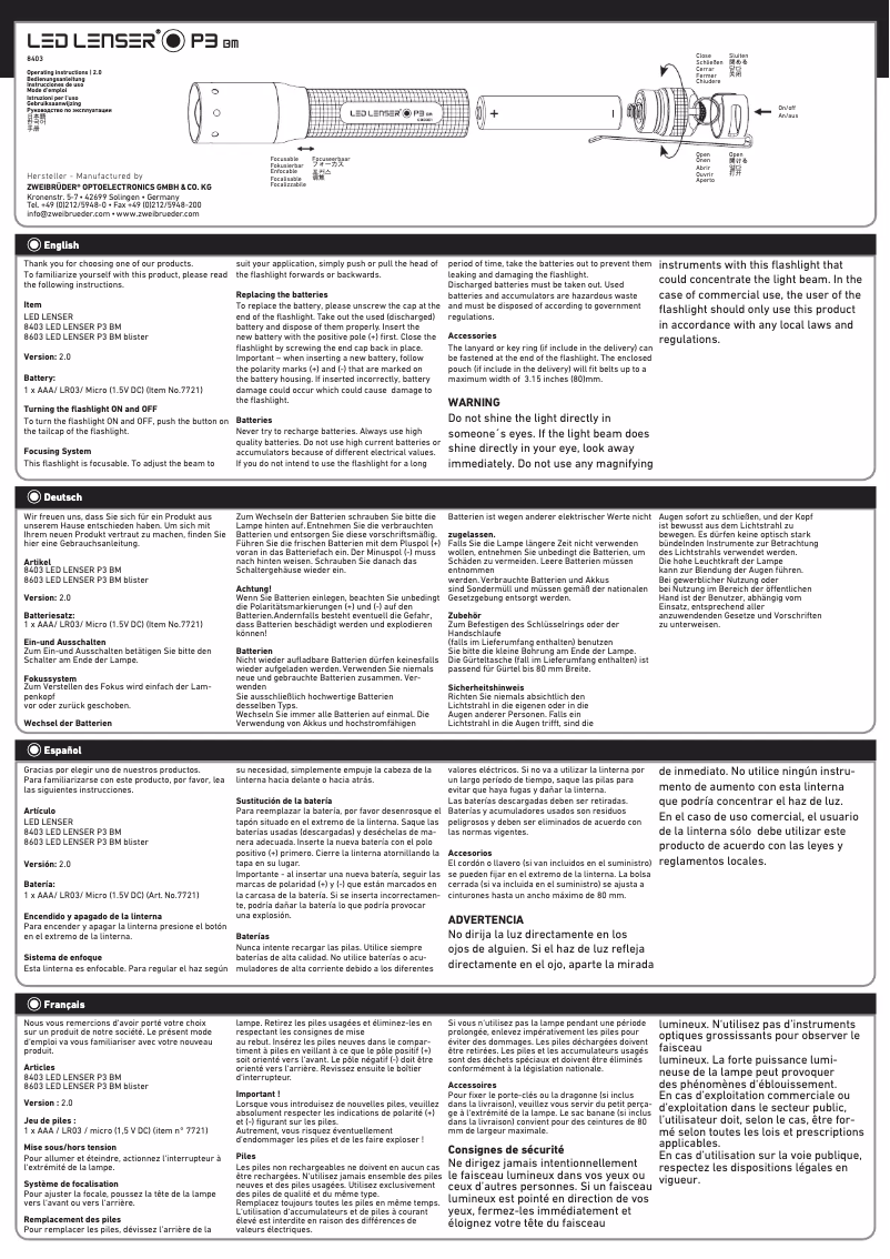 Page 1 of the manual User Manual Ledlenser P3BM