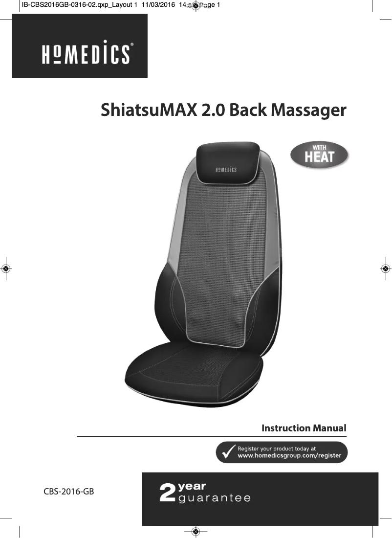 Page 1 of the manual User Manual Homedics ShiatsuMAX 2.0 CBS-2016-GB