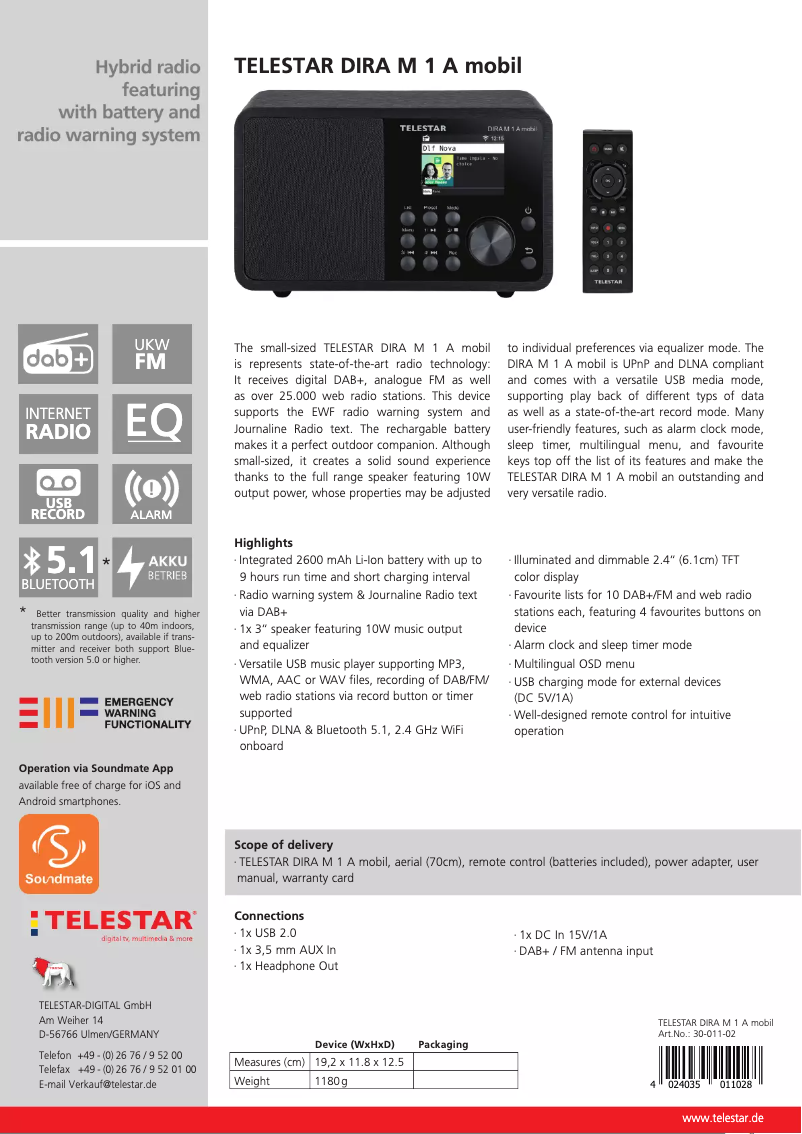 Page 1 of the manual Technical Sheet Telestar DIRA M 1 A