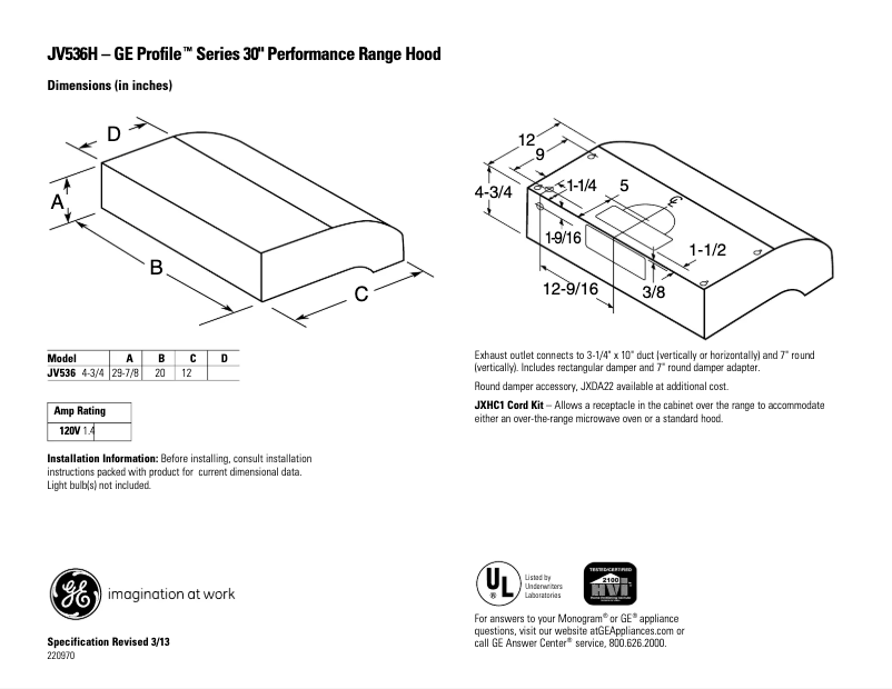 Page 1 of the manual Technical Sheet GE JV536HSS