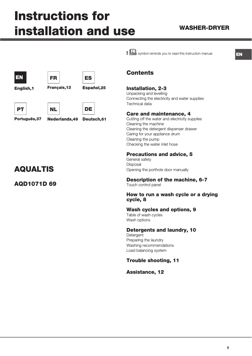 First page image of the manual for Aqualtis AQD1071D 69