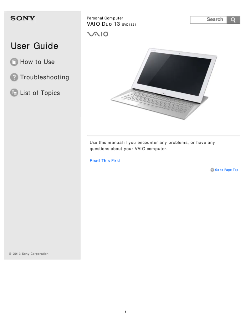First page image of the manual for Vaio Duo 13 SVD13215PXW