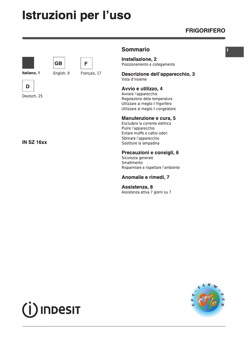 Page 1 of the manual User Manual Indesit IN SZ 1632