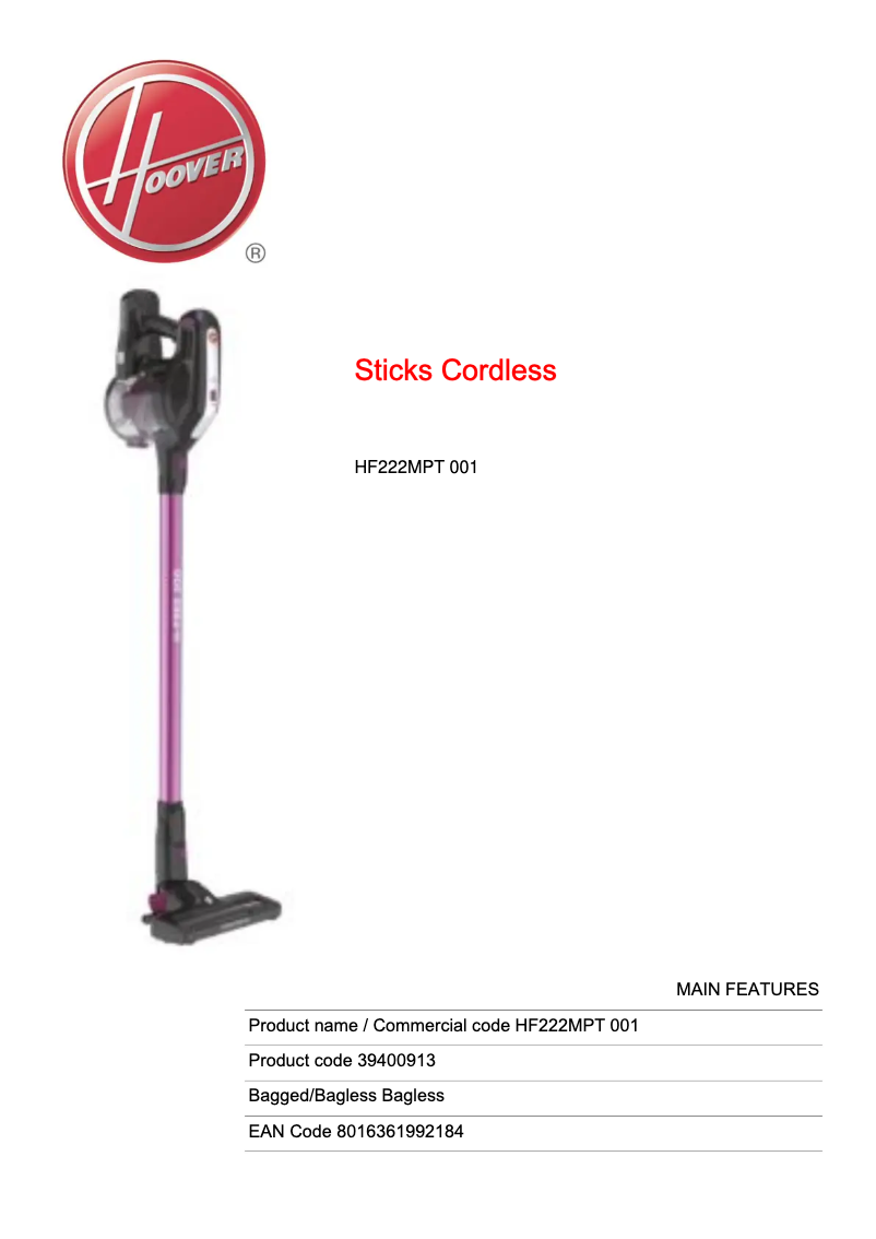 Page 1 of the manual Technical Sheet Hoover H-FREE 200 HF222MPT 001