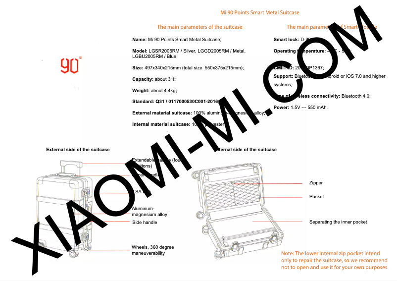 First page image of the manual for RunMi 90 Points Metal Suitcase