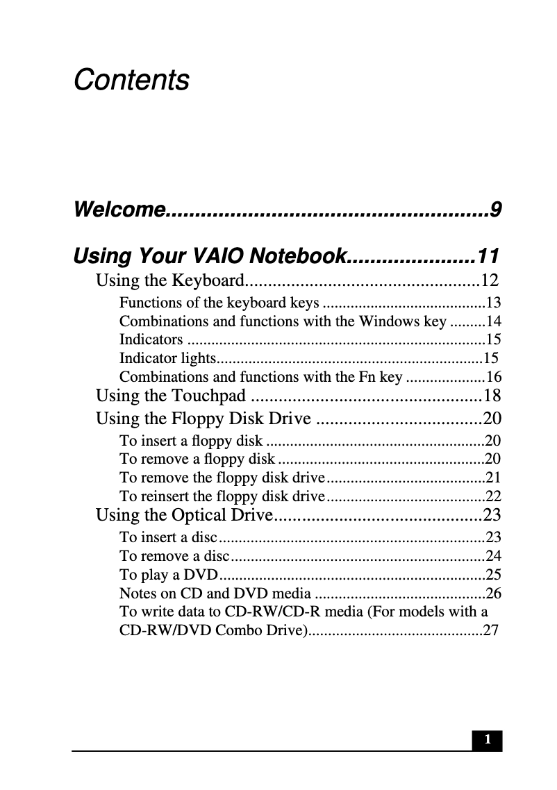 Page 1 of the manual User Manual Sony Vaio PCG-FX370K