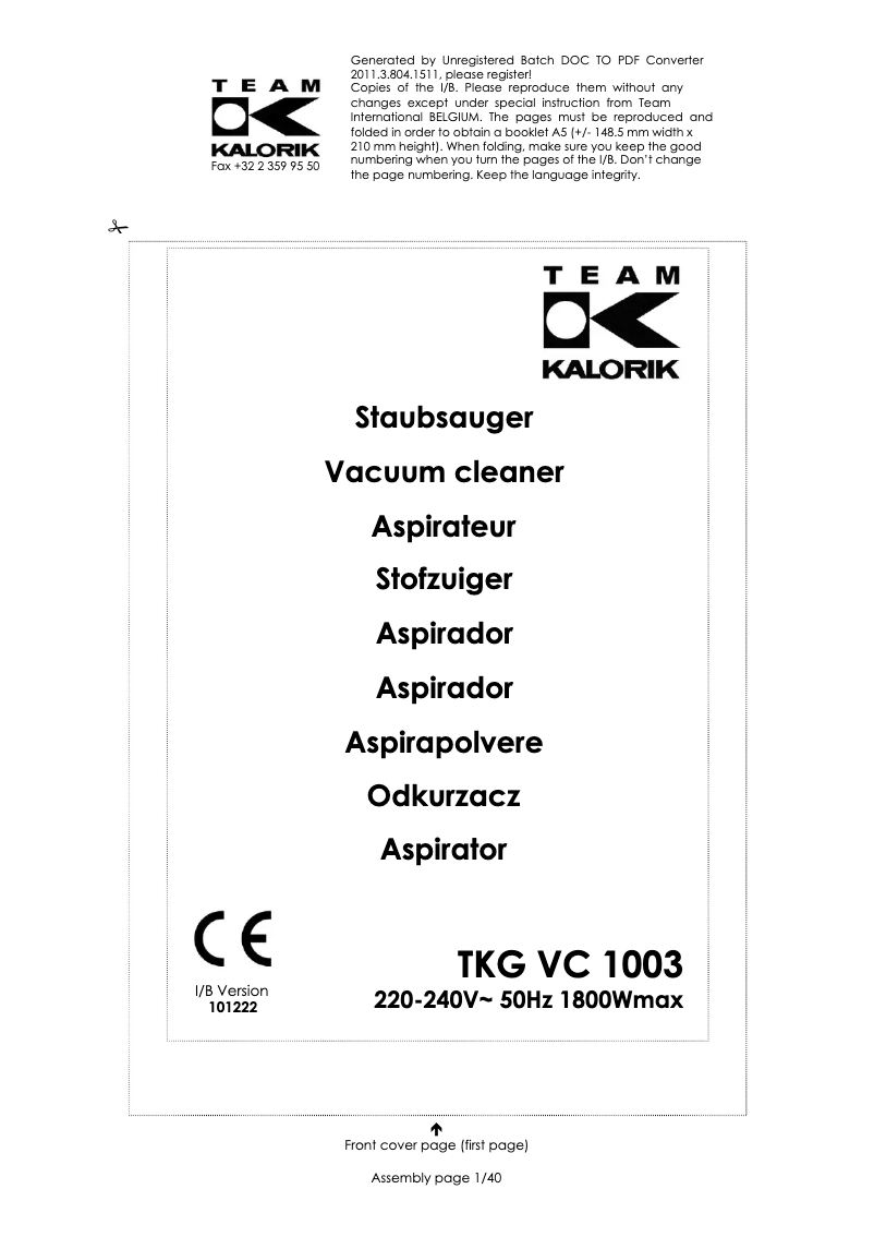 First page image of the manual for TKG VC 1003