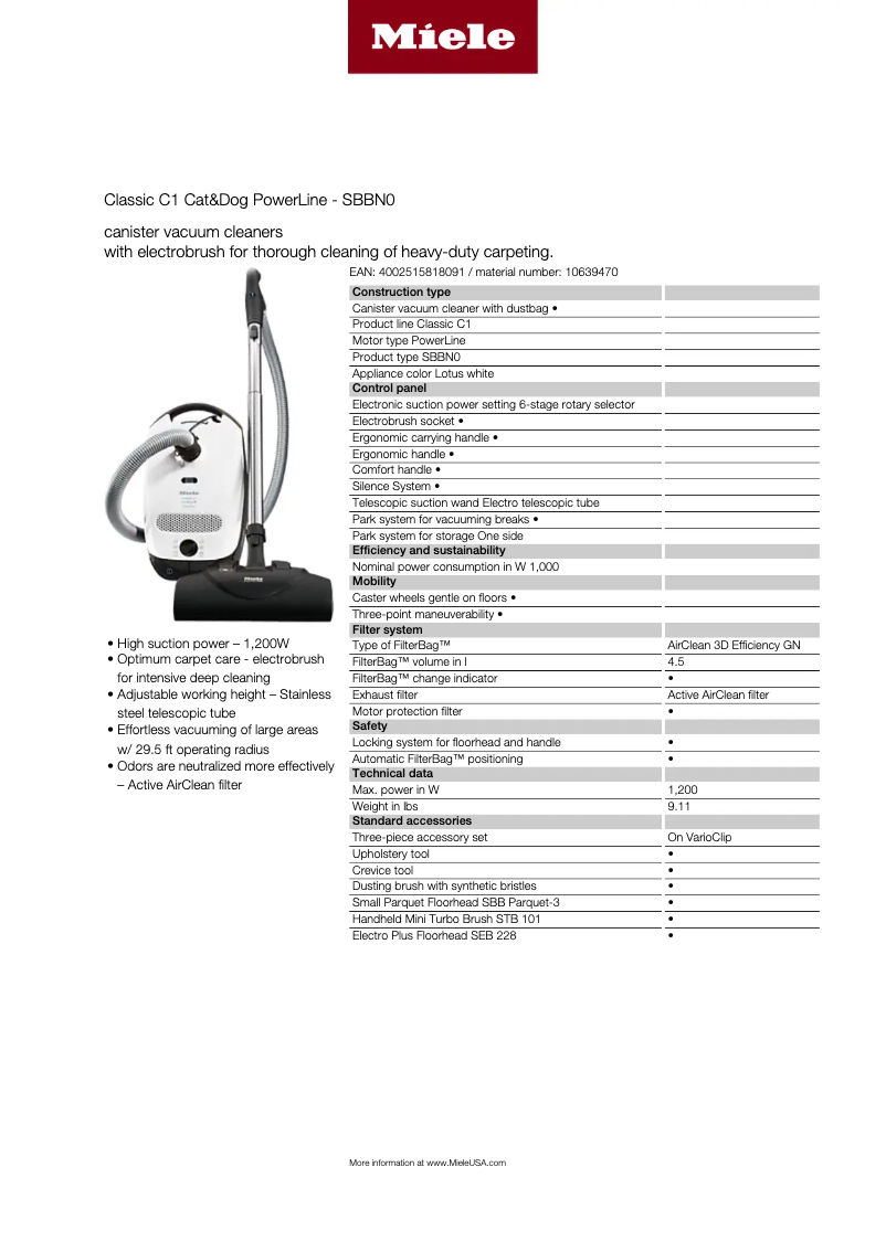 Page 1 of the manual Technical Sheet Miele Complete C1