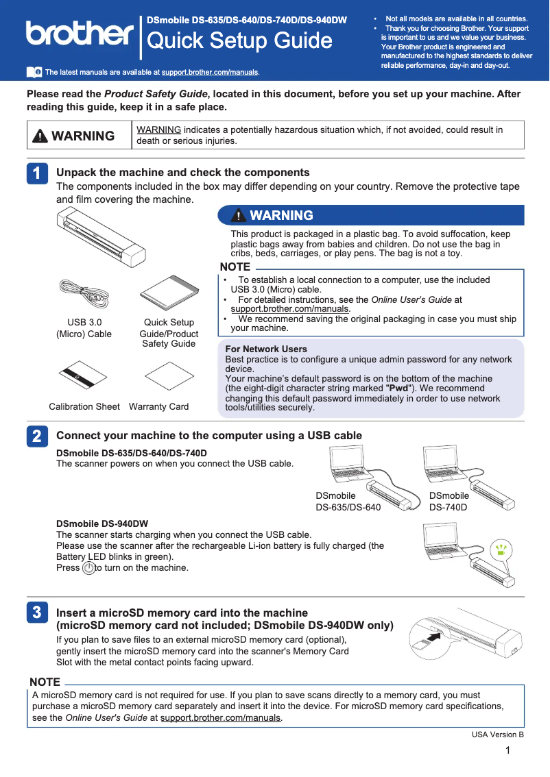 Page 1 of the manual Quick Start Guide Brother DSMobile DS-740D