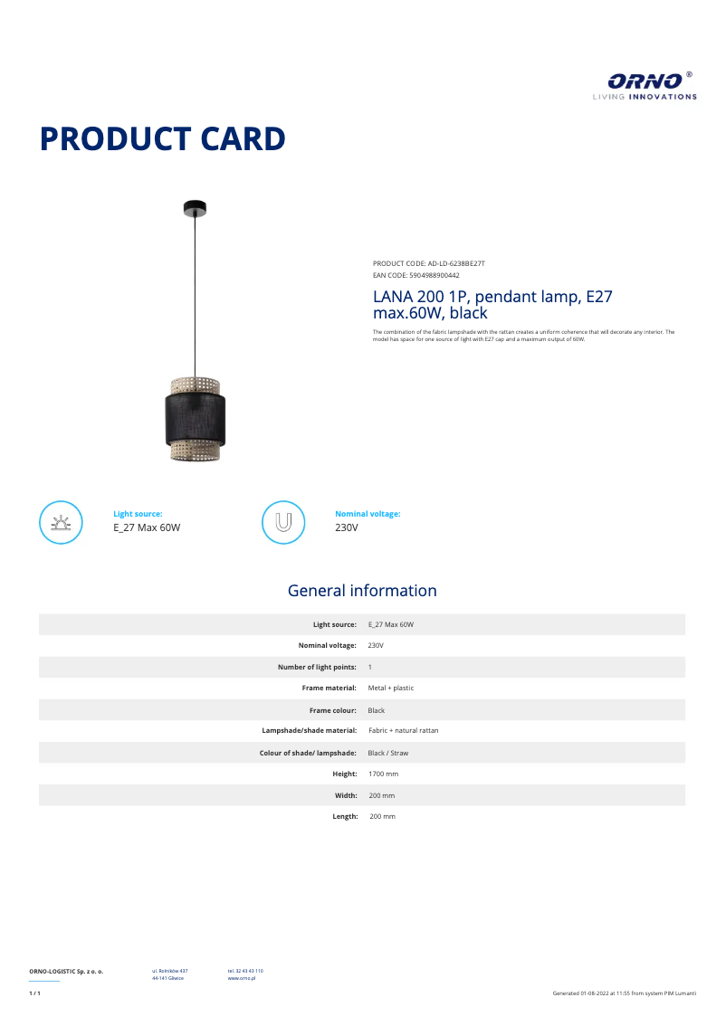 Page 1 of the manual Technical Sheet Adviti AD-LD-6238BE27T