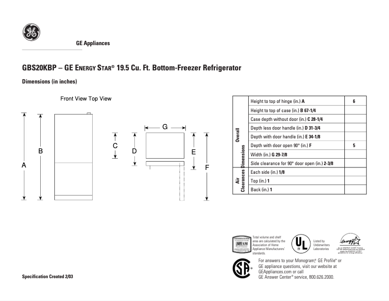 Page 1 of the manual Technical Sheet GE GBS20KBPBB