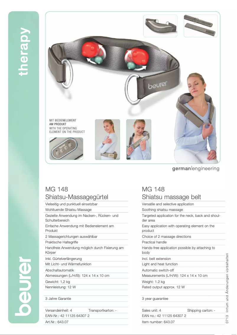 Page 1 of the manual Technical Sheet Beurer MG 148