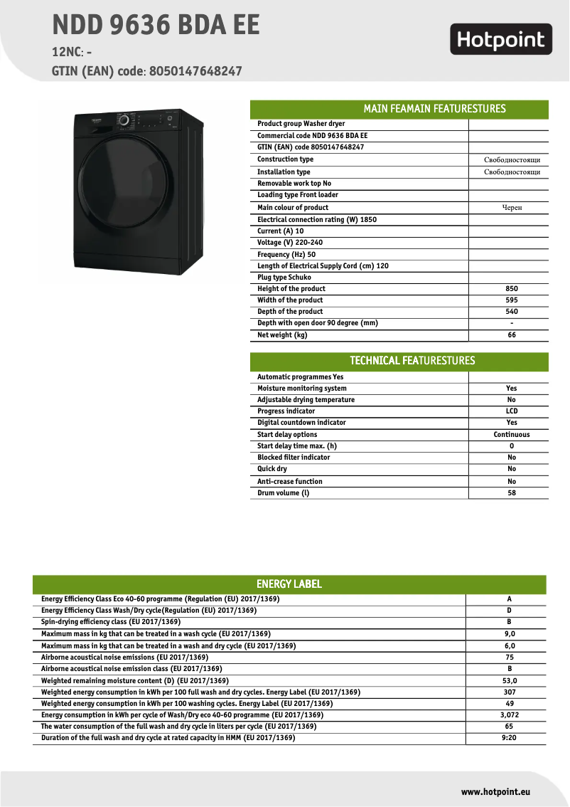 Page 1 of the manual Technical Sheet Hotpoint NDD 9636 BDA EE