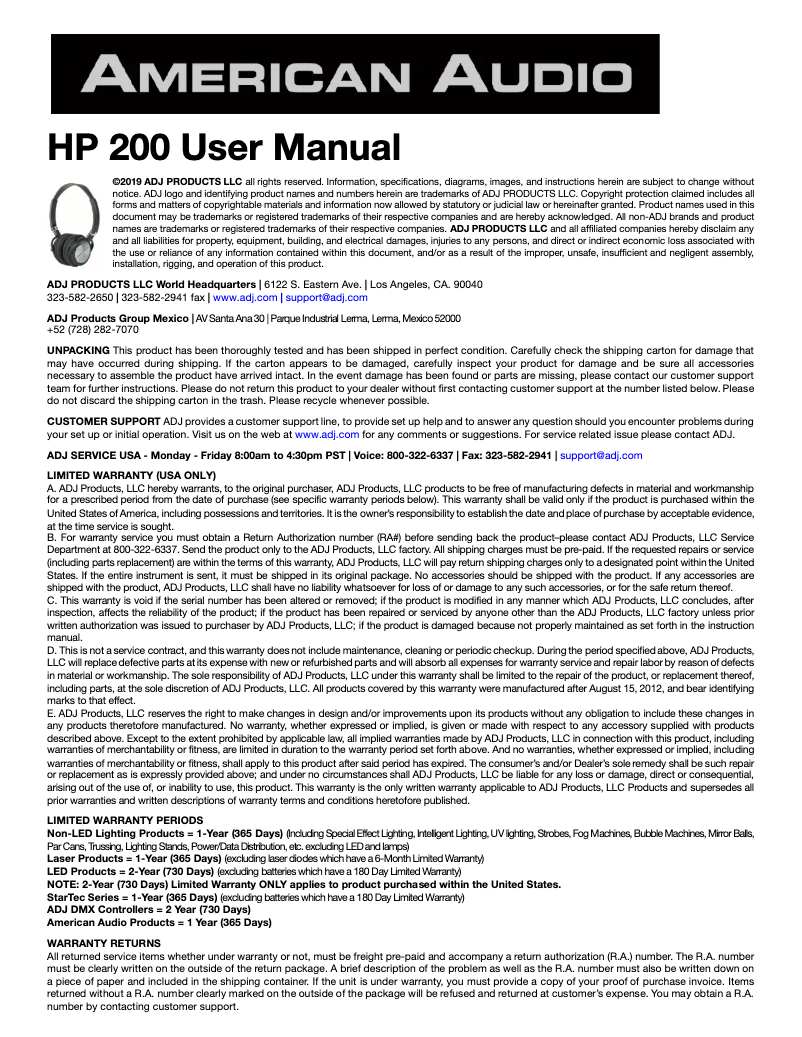 Page 1 of the manual User Manual American Audio HP 200