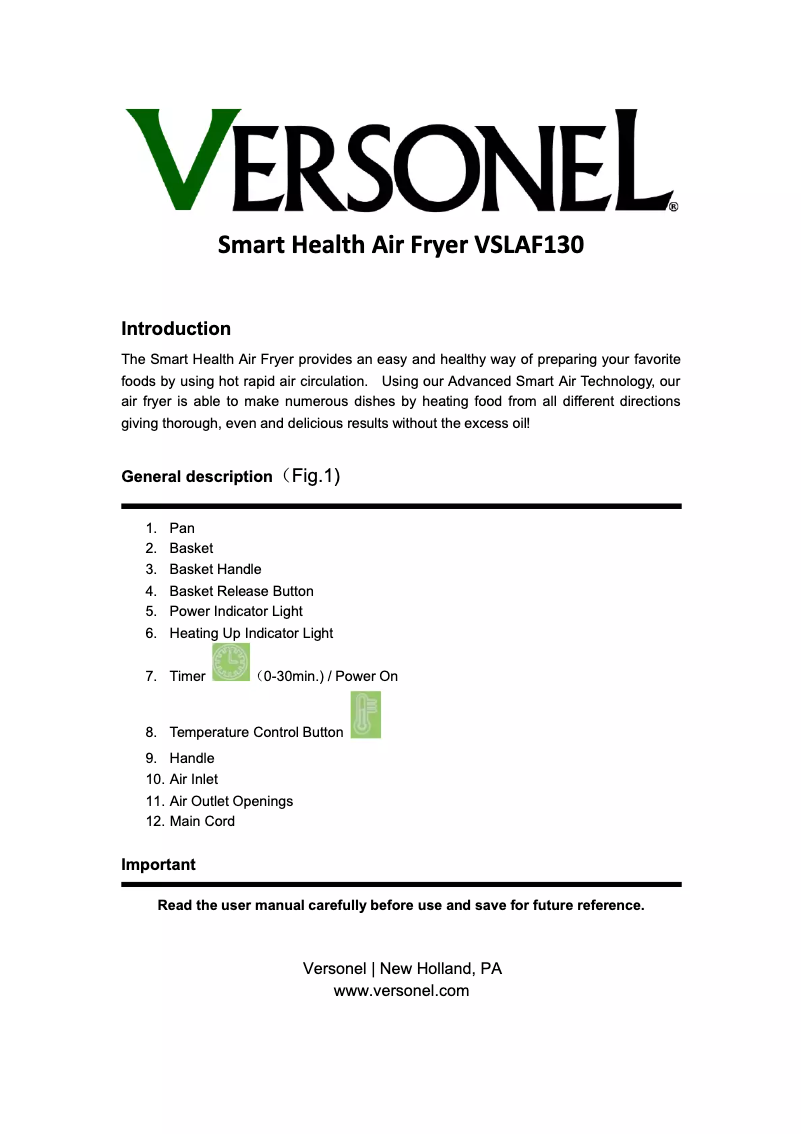 Page 1 of the manual User Manual Versonel VSLAF130
