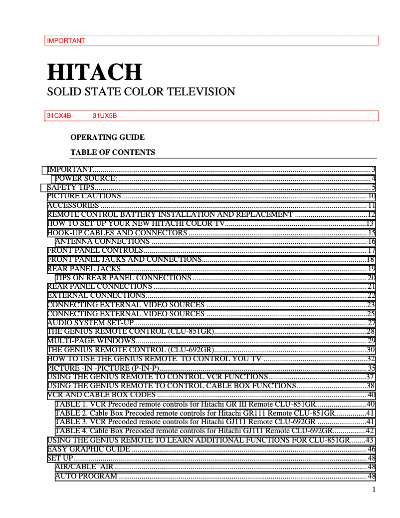 Page 1 of the manual User Manual Hitachi 31CX4B