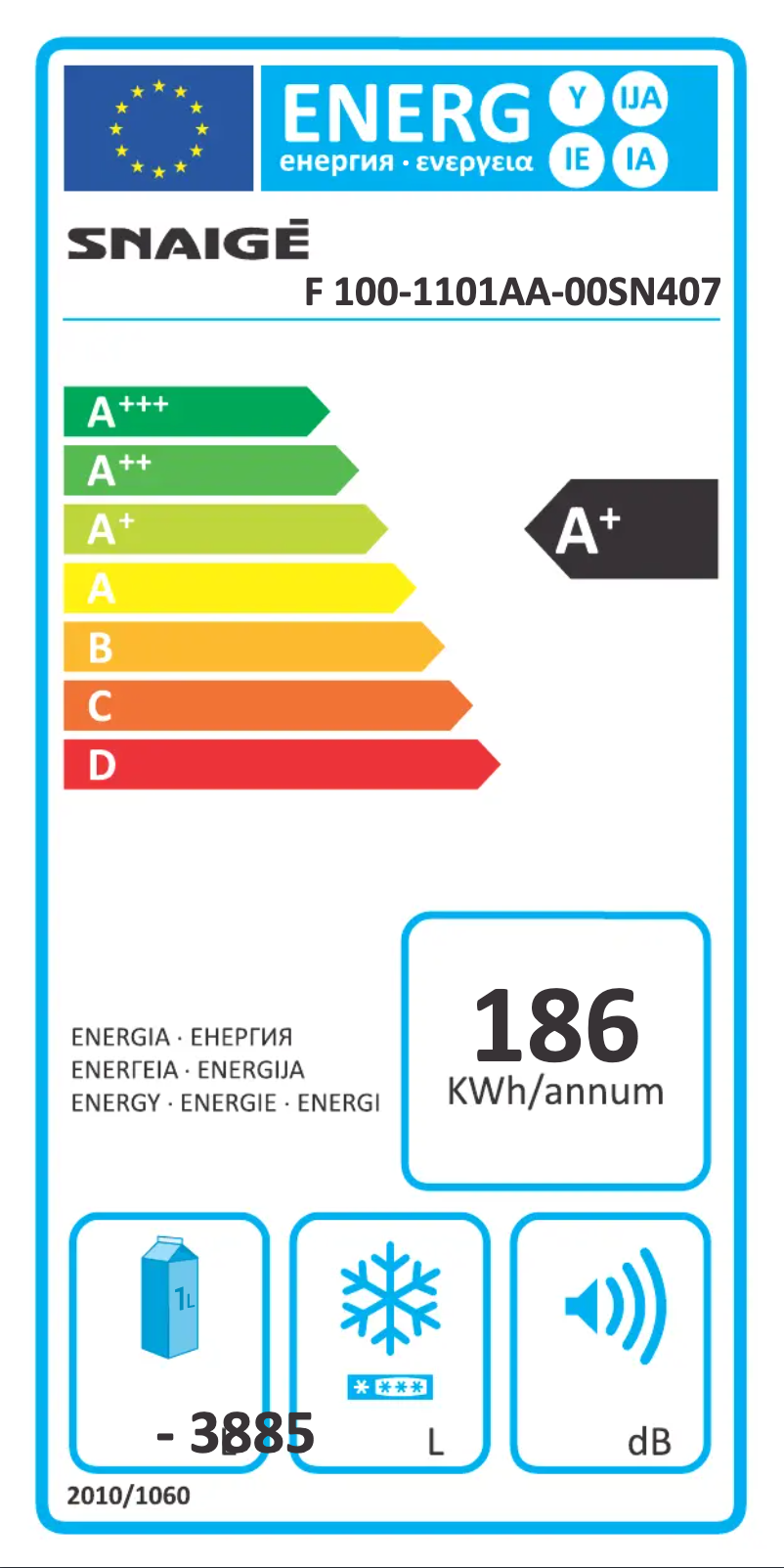 Page 1 of the manual Energy Label Snaigė F 10SM-T6002F1