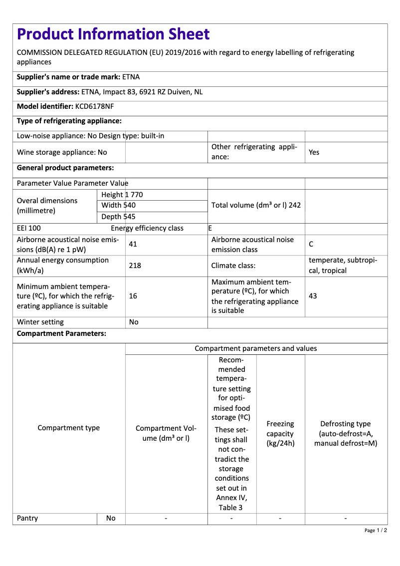 Page 1 of the manual Technical Sheet Etna KCD6178NF