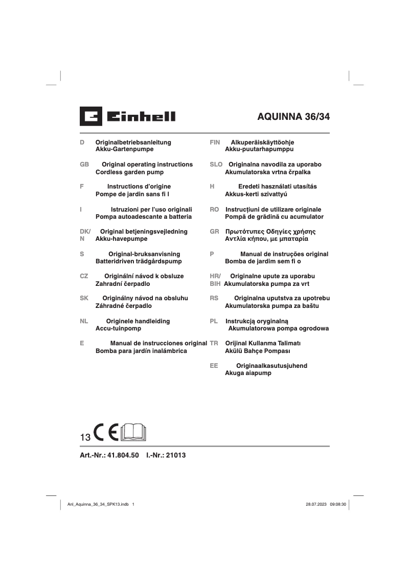 First page image of the manual for AQUINNA 36/34