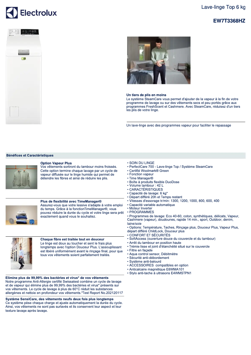 Page 1 of the manual Technical Sheet Electrolux EW7T3368HZ