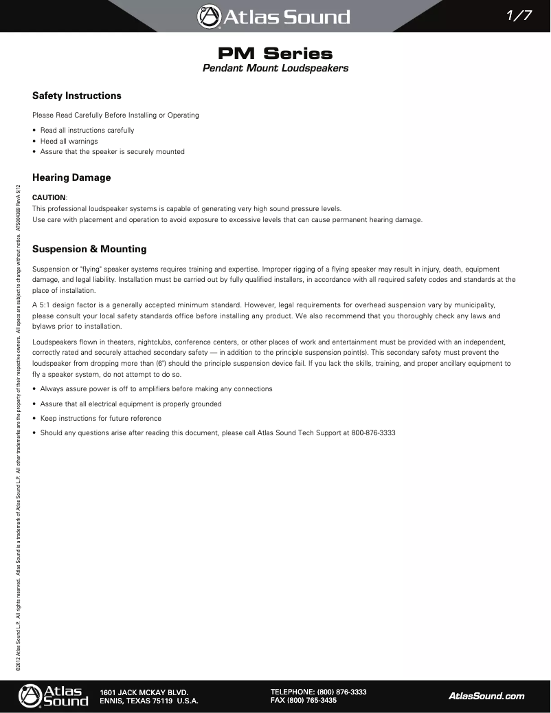 Page 1 of the manual Instruction Manual Atlas Sound PM4FA-B