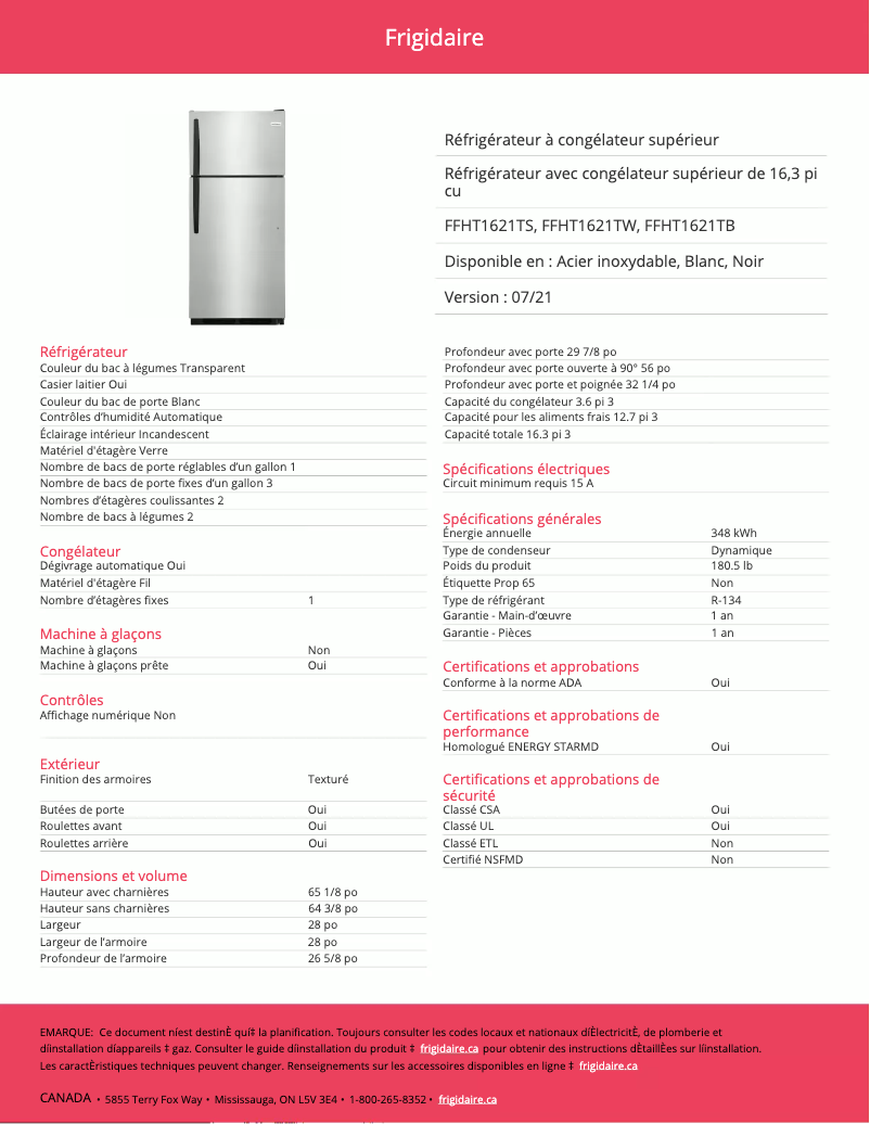 Page 1 of the manual Technical Sheet Frigidaire FFHT1621TB