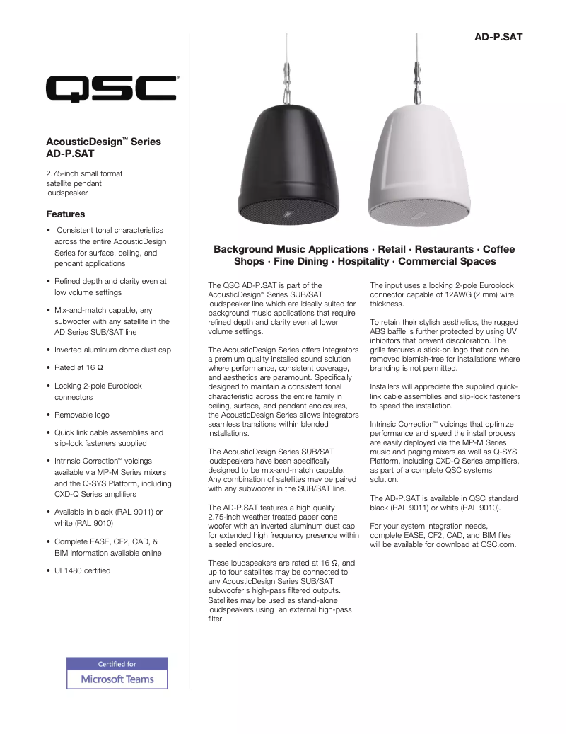 Page 1 of the manual Technical Sheet QSC AD-P.SAT