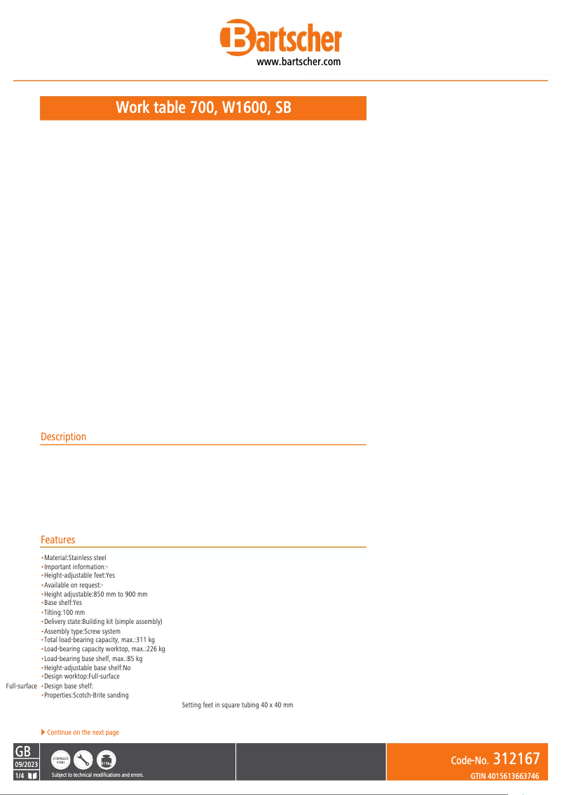 Page 1 of the manual Technical Sheet Bartscher 348167