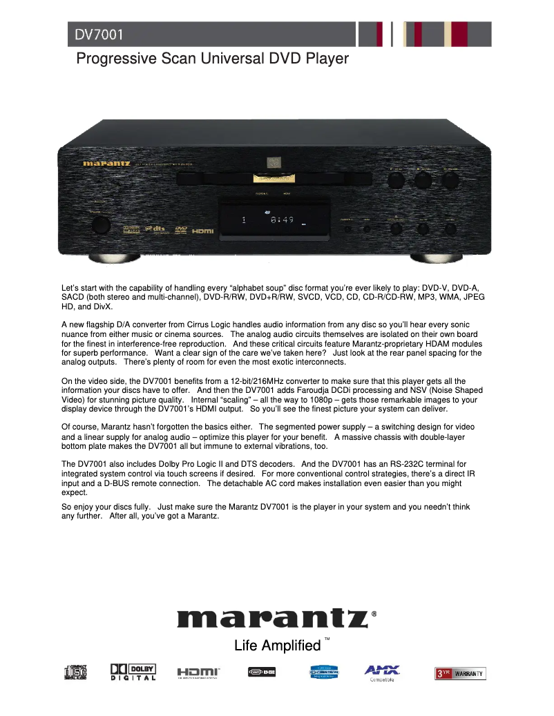 Page 1 of the manual Technical Sheet Marantz DV7001