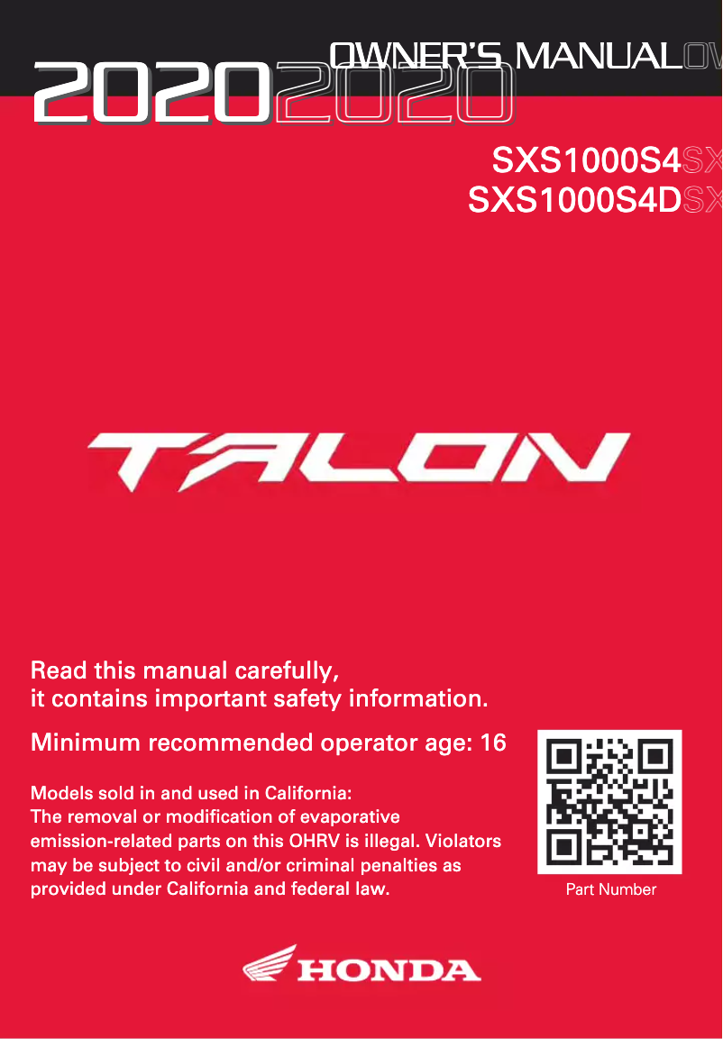 Page 1 of the manual User Manual Honda Talon SXS1000S4/S4D (2020)