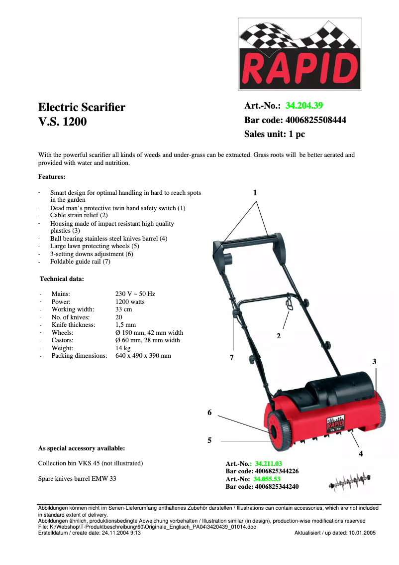 Page 1 of the manual Technical Sheet Rapid V.S. 1200