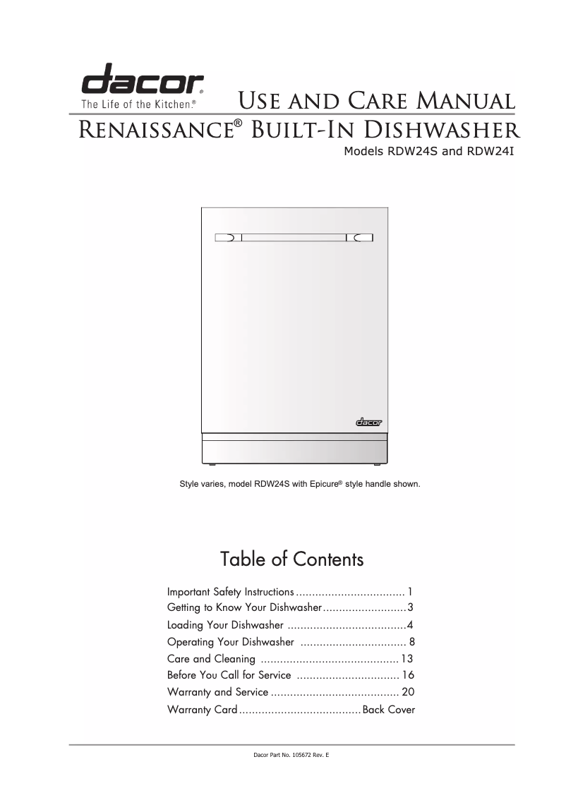 First page image of the manual for Renaissance RDW24I