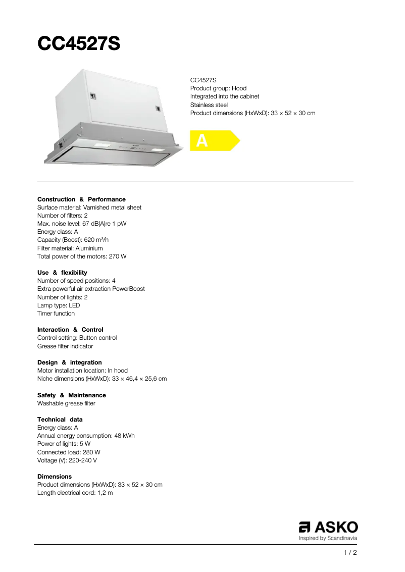 Page 1 of the manual Technical Sheet Asko CC4527S