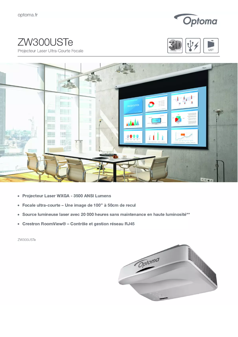 Page 1 of the manual Technical Sheet Optoma ZW300USTe