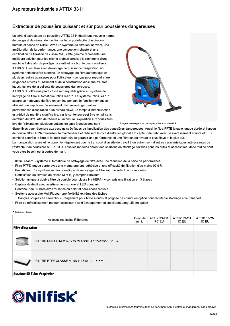 Page 1 of the manual Technical Sheet Nilfisk Attix 33
