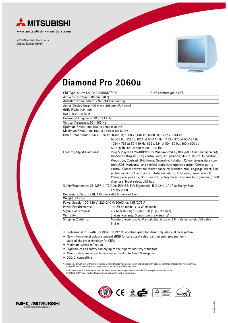 Page 1 of the manual Technical Sheet NEC Diamond Pro 2060U