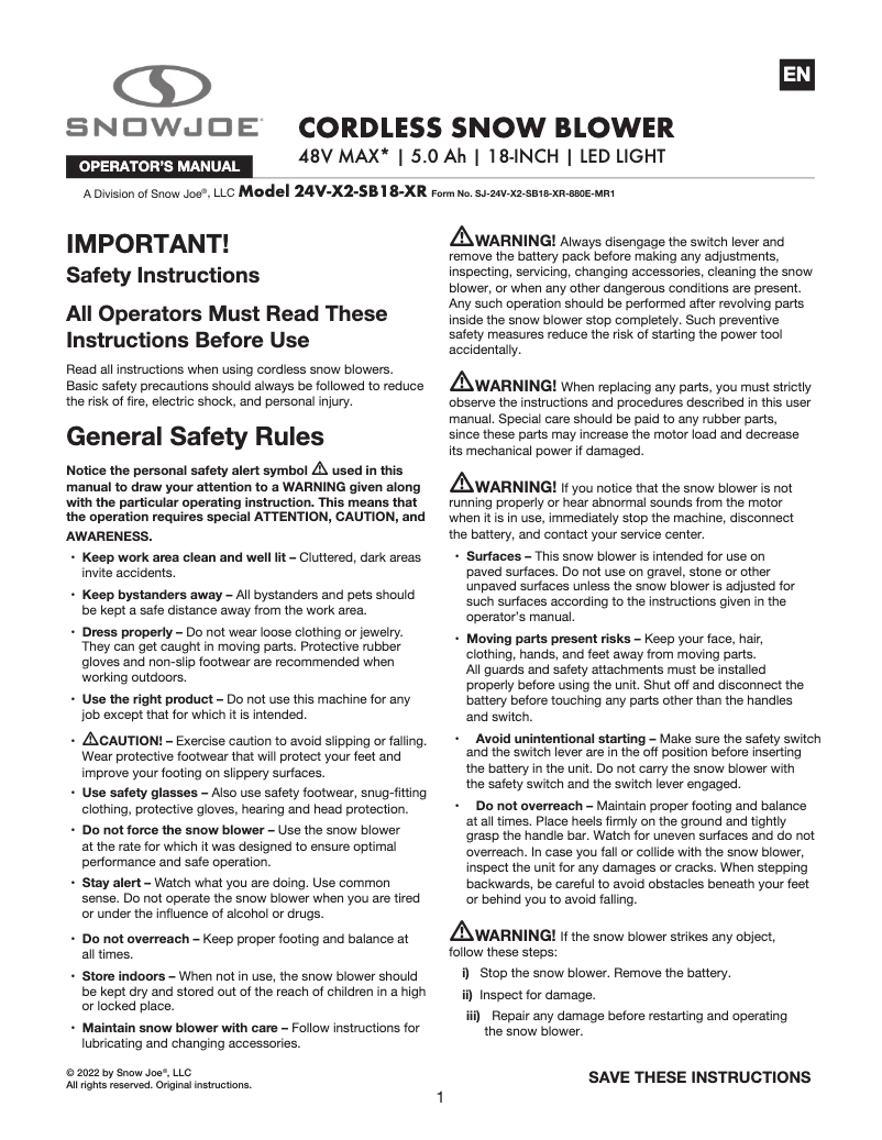Page 1 of the manual User Manual Snow Joe 24V-X2-SB18-XR