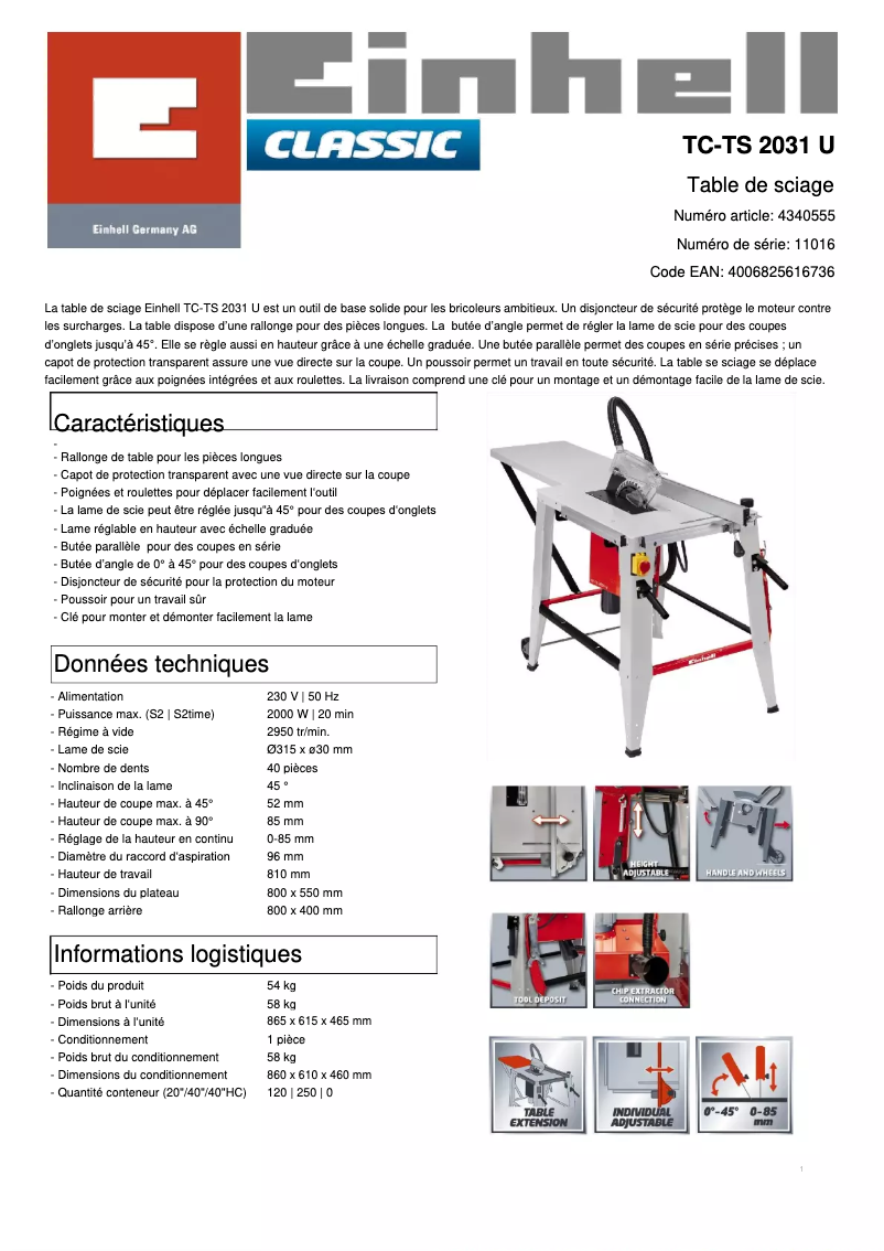 Page 1 of the manual Technical Sheet Einhell TC-TS 2031 U