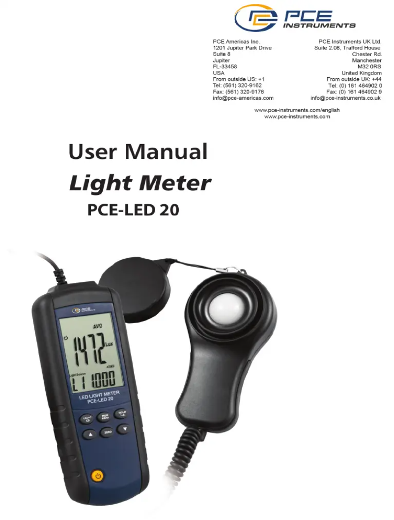 Page 1 of the manual User Manual PCE Instruments PCE-LED 20