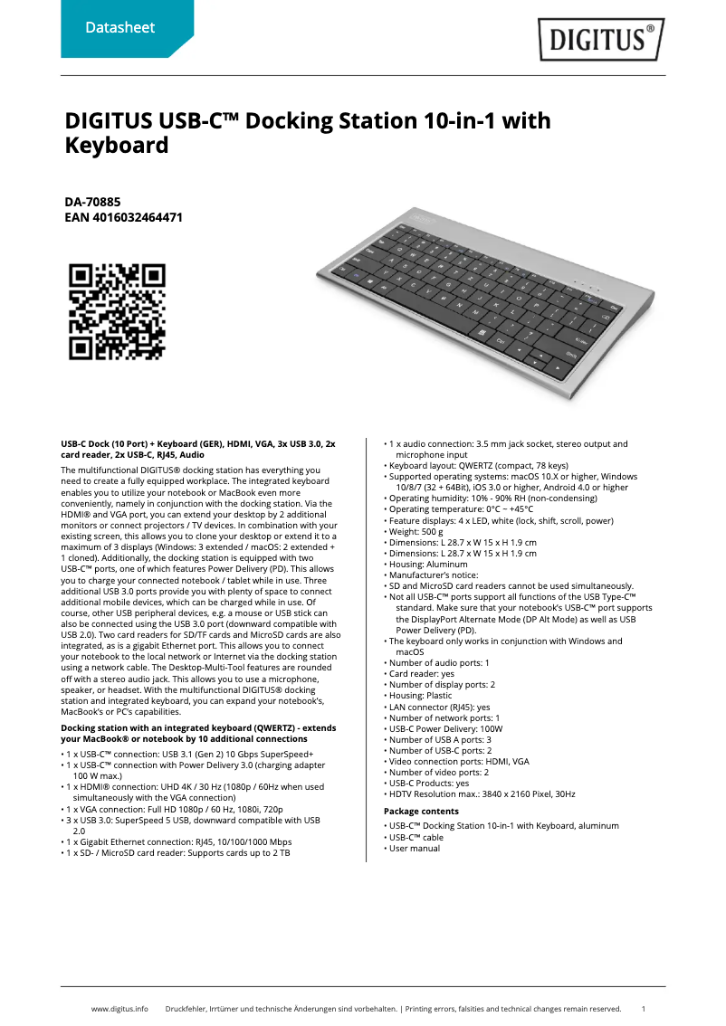 Page 1 of the manual Technical Sheet Digitus DA-70885