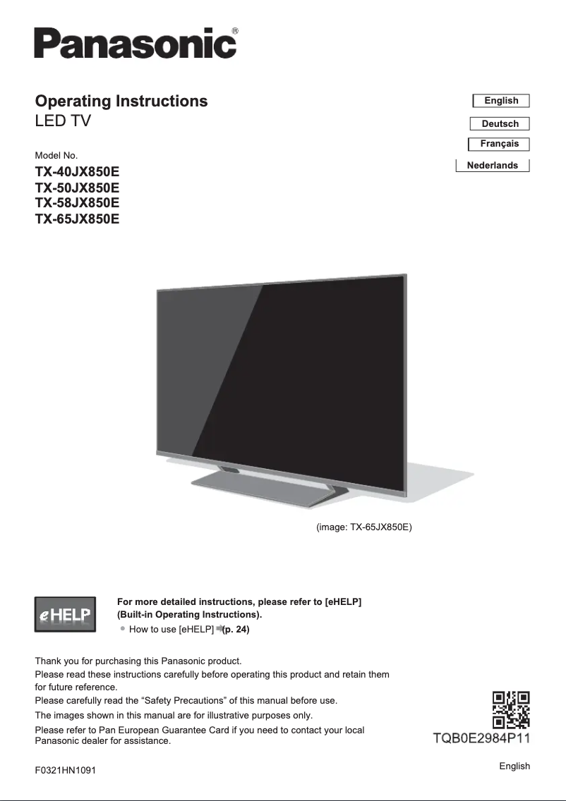 Page 1 of the manual Quick Start Guide Panasonic TX-40JX850E