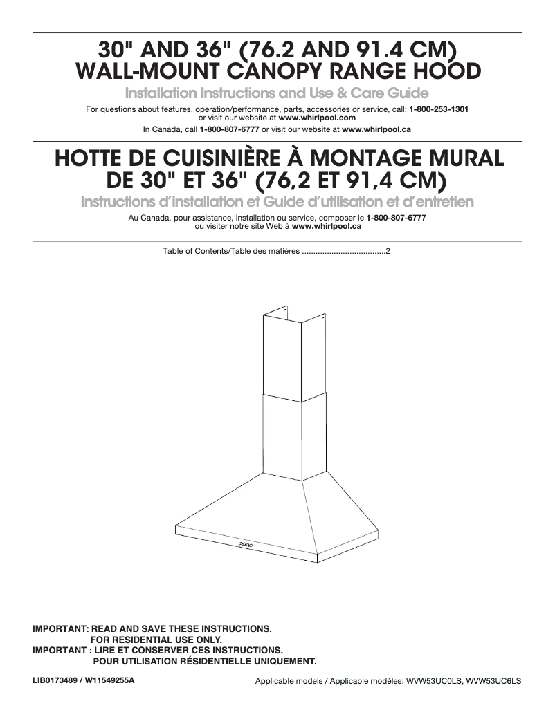 First page image of the manual for WVW53UC0LS