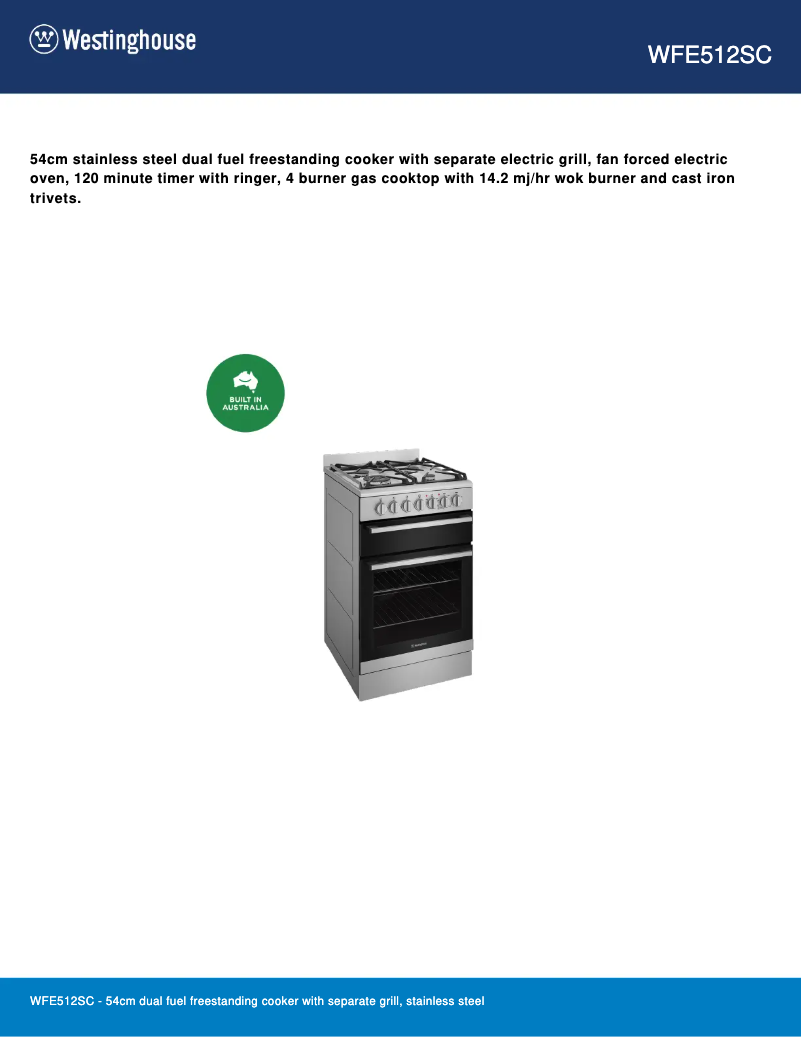Page 1 of the manual Technical Sheet Westinghouse WFE512SC