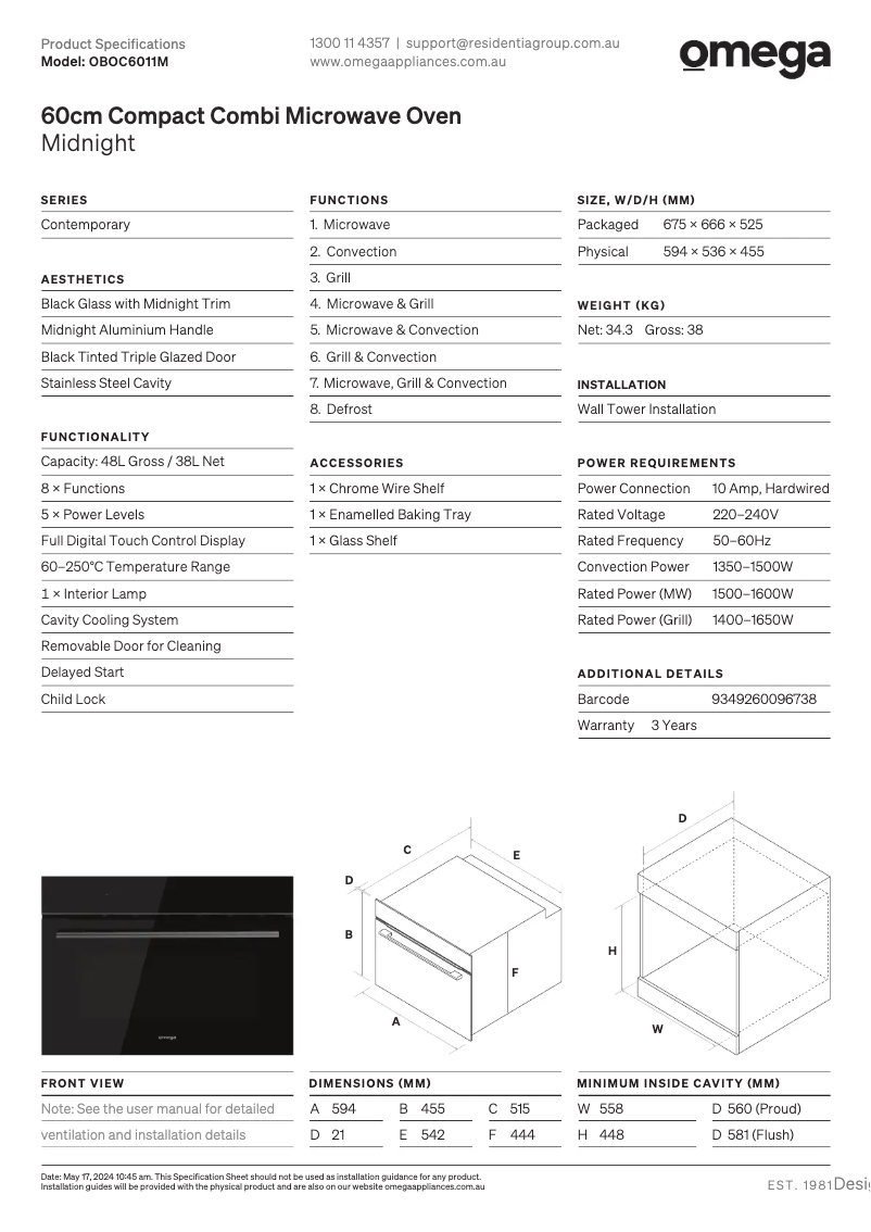 Page 1 of the manual Technical Sheet Omega OBOC6011M