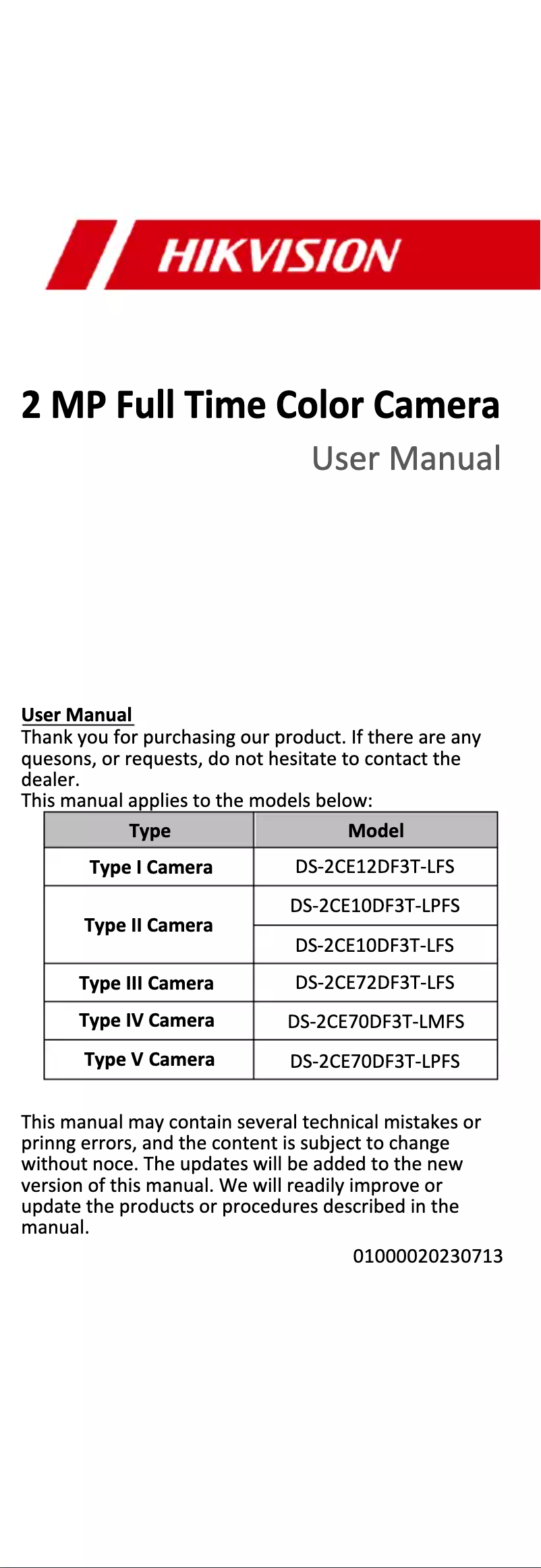 Page 1 of the manual User Manual Hikvision DS-2CE70DF3T-LMFS