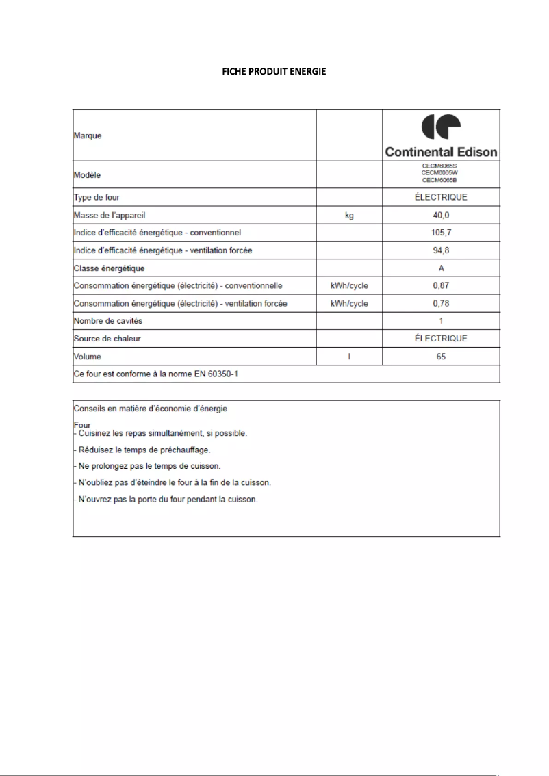 Page 1 of the manual Energy Label Continental Edison CECM6065W