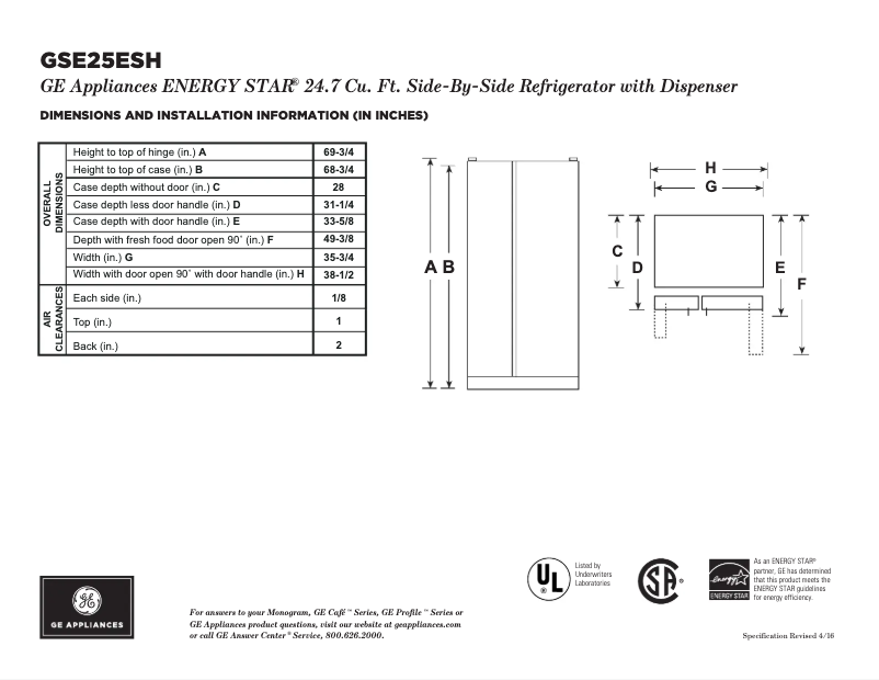 Page 1 of the manual Technical Sheet GE GSE25ESHSS